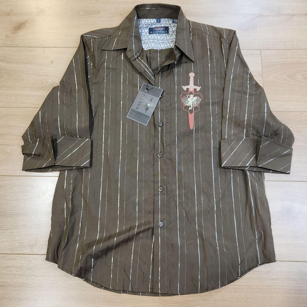 El General Shirt Mens Large Brown Stripe Long Sleeve Western Graphic Rhinestone